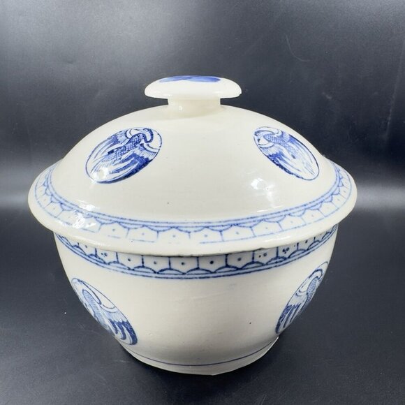 Vintage Japanese Pottery Serving Dish Bowl with Lid Crane Phoenix White Blue VTG - Picture 12 of 15